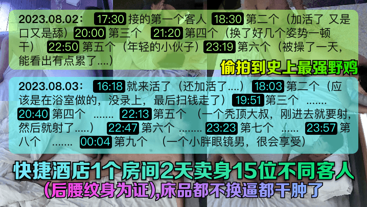 快捷酒店1个房间2天卖身15位不同客人(后腰纹身为证),床品都不换逼都干肿了